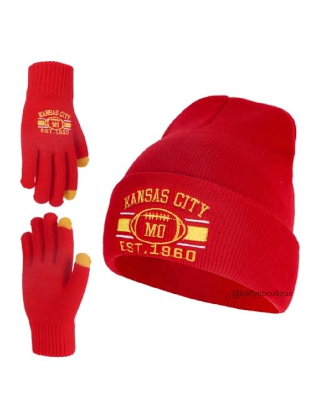Embroidered Cuffed Knit Beanie Hat & Winter Gloves Set Warm Acrylic Skull Cap